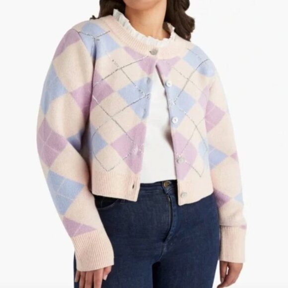 Hill House Home Argyle Breakfast Cardigan Sequin Embellished Sweater Pink S NEW - Picture 8 of 8